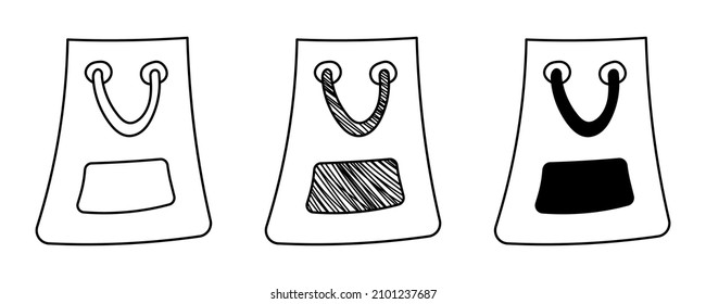 Set of hand-drawn vector Bags with handles in doodle cartoon style. 