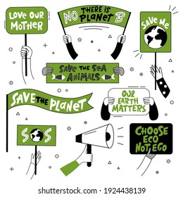 Set of hand-drawn vector banners protesting pollution and climate change. A set of human hands holding posters with phrases about protecting the planet.