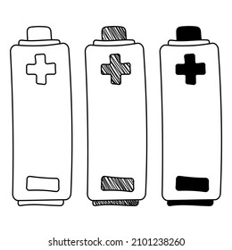 Set of hand-drawn vector Batteries in a doodle cartoon style. National Science Day