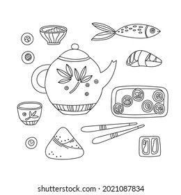 Set of hand-drawn vector black and white elements. Japanese food. Japanese style tea drinking. 