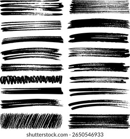 A set of hand-drawn vector brush strokes with curved, dynamic shapes. Bold grunge textures and dry brush effects, enhancing banners, underlines, and artistic overlays.