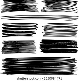 Een set handgetekende vectorpenseelstreken. Bevat gedurfde grunge lijnen, droge borsteltexturen en expressieve markeringen voor banners, onderstrepingen en overlays in creatieve composities.