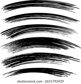 A set of hand-drawn vector brush strokes with a curved, arched shape. Bold grunge textures with a dry brush effect, ideal for banners, underlines, and artistic overlays.