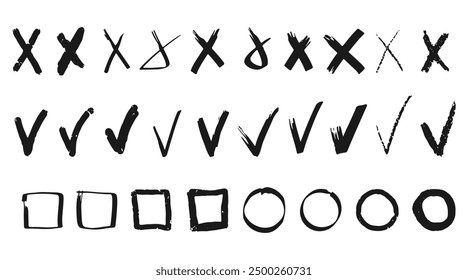 Set of hand-drawn vector brushes of different shapes and types. Check marks, crosses, circles and squares. Strokes, dabs and swirls. Collection of strokes for emphasis, highlighting, voting, choosing