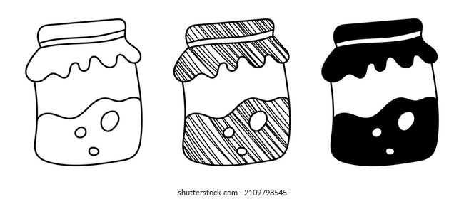 Set of hand-drawn vector canned glass jars in doodle cartoon style