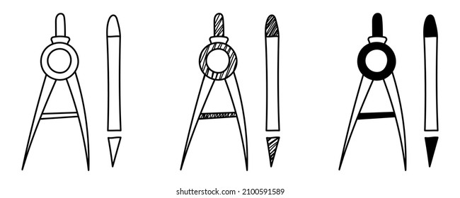 Conjunto de brújula de vector dibujado a mano y lápiz en estilo de dibujos animados de doodle. Día Nacional de la Ciencia