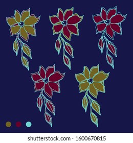 Set of hand-drawn vector contour flowers on a blue background. illustration suitable for printing on fabric