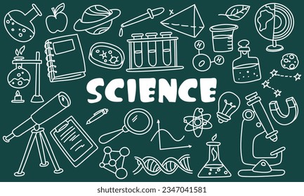 A set of hand-drawn vector contours on the topic of science, education and school. Doodle elements flask, book, notebook, microscope, planet, telescope, dna, magnet, test tubes with inscription