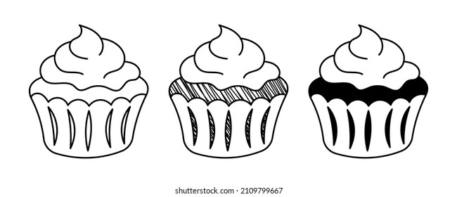 Set of hand-drawn vector cupcakes in doodle cartoon style. Pancake day Shrove Tuesday