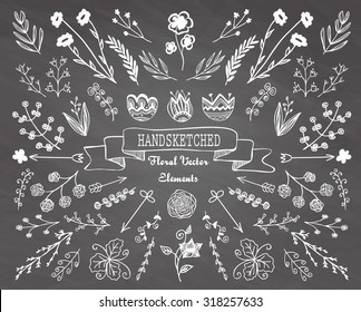 The set of hand-drawn vector decorative elements for your design. Leaves, swirls, floral elements. Vector illustration. Wedding, marriage, bridal, birthday, Valentine's day.