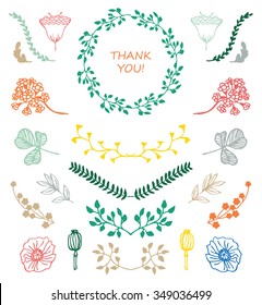 The set of hand-drawn vector decorative elements for your design. Leaves, swirls, floral elements. Vector illustration. Wedding, marriage, bridal, birthday, Valentine's day.