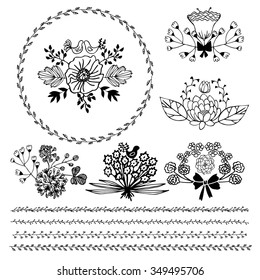 The Set Of Hand-drawn Vector Decorative Elements And Wreath For Your Design. Leaves, Swirls, Floral Elements. Circle Floral Border On White Background. Vector Illustration.