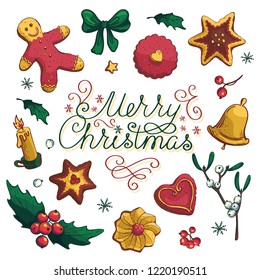 Set of hand-drawn vector elements for Christmas design with beautiful lettering. Nice warm colors.