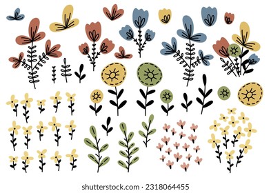 A set of hand-drawn vector elements. Doodle folk flowers, abstract flower arrangements, stylized bouquets, foliage and leaves in Scandinavian style.