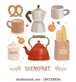 Set of hand-drawn vector elements. Rustic kitchen utensils. Vintage cups, red teapot, geyser coffee maker. Craft bag with baguettes. Handwriting lettering inscription baked today. Pretzel and apples