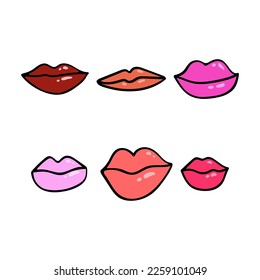 A set of hand-drawn vector female lips of different shapes. Isolate lips in doodle style.