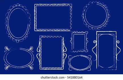 A set of hand-drawn vector frames. Doodle frames collection in cartoon style on a blue background. set of abstract photo frame, hand drawn paintbrush frame in modern style, vector