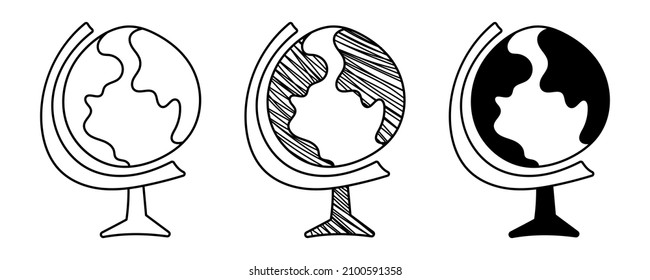 Set von handgezeichneten Vektorgrafiken Globes in einem doodle Cartoon-Stil. 