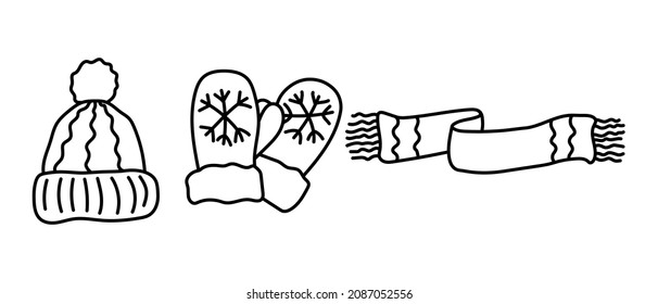 Set of hand-drawn vector gloves hat and scarf in doodle style.