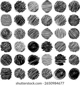 A set of hand-drawn vector grunge circles and dots. Includes sketchy hatching, scribbles, and round shapes, contributing dynamic texture to creative backgrounds and graphic designs.