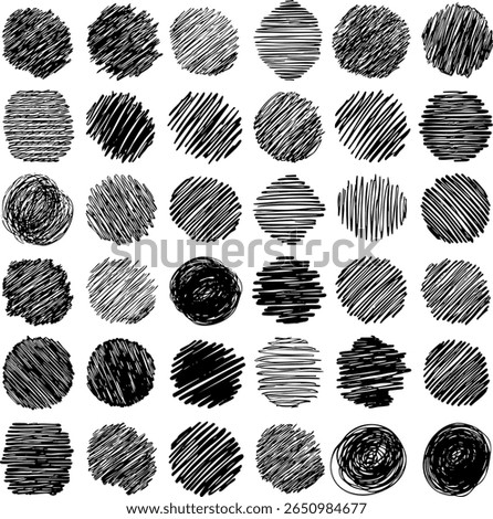 A set of hand-drawn vector grunge circles and dots. Includes sketchy hatching, scribbles, and round shapes, contributing dynamic texture to creative backgrounds and graphic designs.