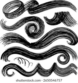A set of hand-drawn vector grunge swirls and brush strokes. Includes circular scribbles, bold textures, and sketchy lines, adding dynamic detail to artistic backgrounds and overlays.