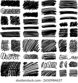 Um conjunto de texturas grunge vetoriais desenhadas à mão em formas quadradas. Cada bloco apresenta hachura esboçada, rabiscos e linhas expressivas, adicionando variedade às composições criativas.