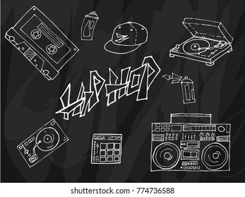Set of hand-drawn vector icon about hip-hop