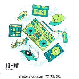 Set of hand-drawn vector icon about hip-hop