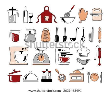 A set of hand-drawn vector icons on the theme of cooking. Illustrations of kitchen tools are isolated on a white background. Collection of color clipart for decoration