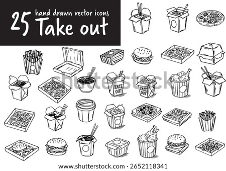 Set of hand-drawn vector icons of takeout containers and pizza boxes. Perfect for food delivery, restaurant branding, and menu design projects.