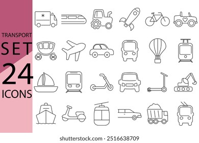 A set of hand-drawn vector icons of a variety of transport. Different types of cars and transport.a ship, a boat, an airplane, a rocket, a carriage, a scooter, a train, a bicycle, an ambulance, a tram