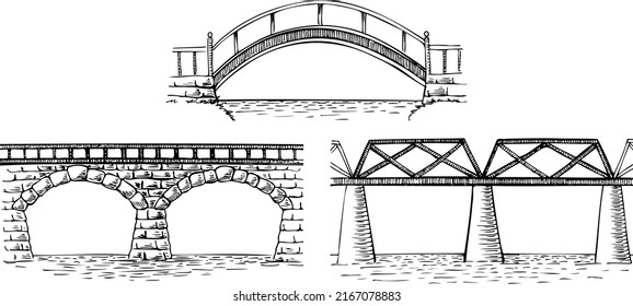 A set of hand-drawn vector illustrations. Bridges. 