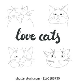 Set of hand-drawn vector illustrations of  cats with a Love cats lettering.