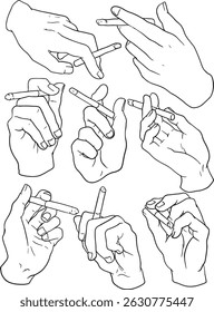 A set of hand-drawn vector illustrations depicting various hand gestures holding cigarettes. This collection offers diverse poses and perspectives, perfect for editorial content, expressive character 