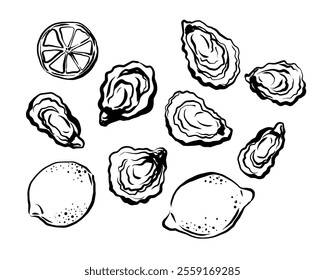 A set of hand-drawn vector illustrations featuring oysters and lemons in trendy 2025 line art style with elegant frames. Ideal for menus, food branding, packaging, and summer designs.