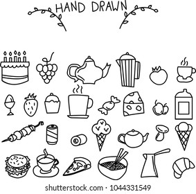 A set of hand-drawn vector illustrations. Icons of food and dishes. Black and white outline in flat style.