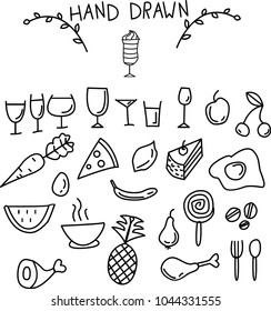 A set of hand-drawn vector illustrations. Icons of food and dishes. Black and white outline in flat style.
