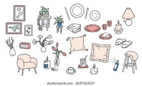 Conjunto de ilustrações vetoriais desenhadas à mão de bens interiores, almofadas, talheres, plantas de casa, etc.