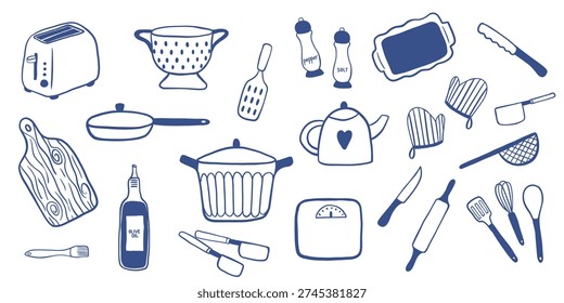 Set of hand-drawn vector illustrations of kitchen utensils: frying pans, pots, rolling pin, toaster. A minimalist line style with a trendy aesthetic, perfect for menus, packaging, and social media.