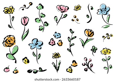 A set of hand-drawn vector illustrations of simple flowers with a brush stroke. Colors are pink, orange, green, yellow, and blue. A set of illustrations of flowers, leaves, fruits, etc.