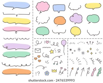 A set of hand-drawn vector illustrations. Speech bubbles, frames, doodles, ornaments, decorations, arrows