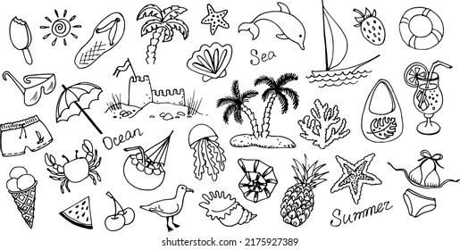 A set of hand-drawn vector illustrations in the style of a doodle. The theme is summer sea vacation. 