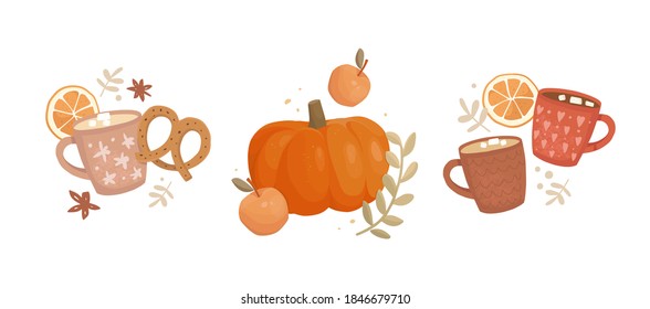 Set of hand-drawn vector illustrations. Vintage cups with a cute pattern. Coffee, cocoa, cappuccino, and marshmallows. Pumpkin and apples, orange slices. Holiday treats, street food. Hot drinks menu.