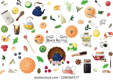 Set of the Hand-drawn vector images of natural fruit and herbal teas, fruits and berries, cups and teapots with tea. Icons for website design on a white background, prints for printing and stickers