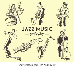 A set of hand-drawn, vector jazz music-inspired illustrations. Perfect for event posters, large banners, art prints, t-shirts, tote bags, stickers, social media or marketing material.