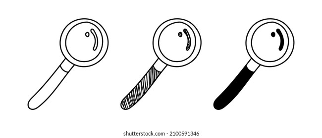 Juego de vectores dibujados a mano Cristal de aumento en estilo de dibujos animados de doodle. Día Nacional de la Ciencia