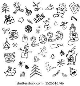 Set of  hand-drawn vector new year elements. Collection of rat, christmas decorations, champagne, cookies, christmas tree, gifts, mug, snowflakes. Icons. Scandinavian style. Isolated on white.