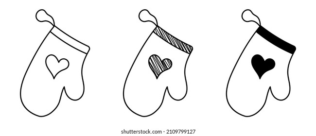 Set of hand-drawn vector oven gloves in doodle cartoon style