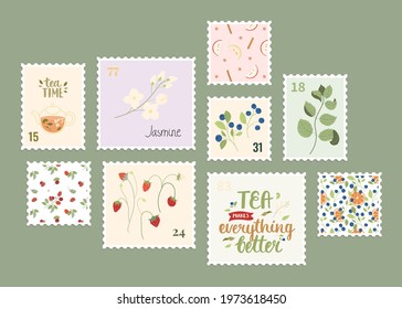 Set of hand-drawn vector post stamps. Collection of floral and tea inspired isolated post stamp designs. Includes lettering piece. Mail and post office conceptual illustration.